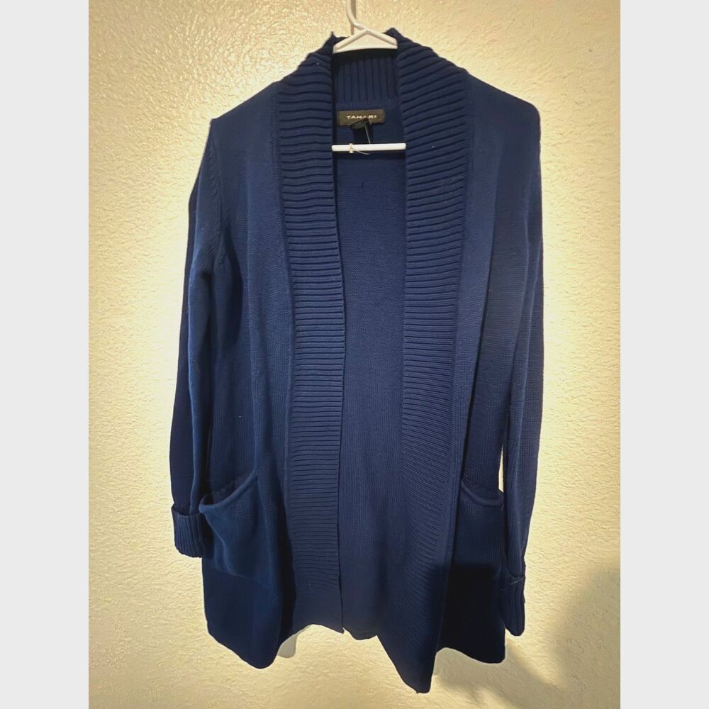 NWOT Tahari womens small cardigan navy blue open front ribbed open sweater